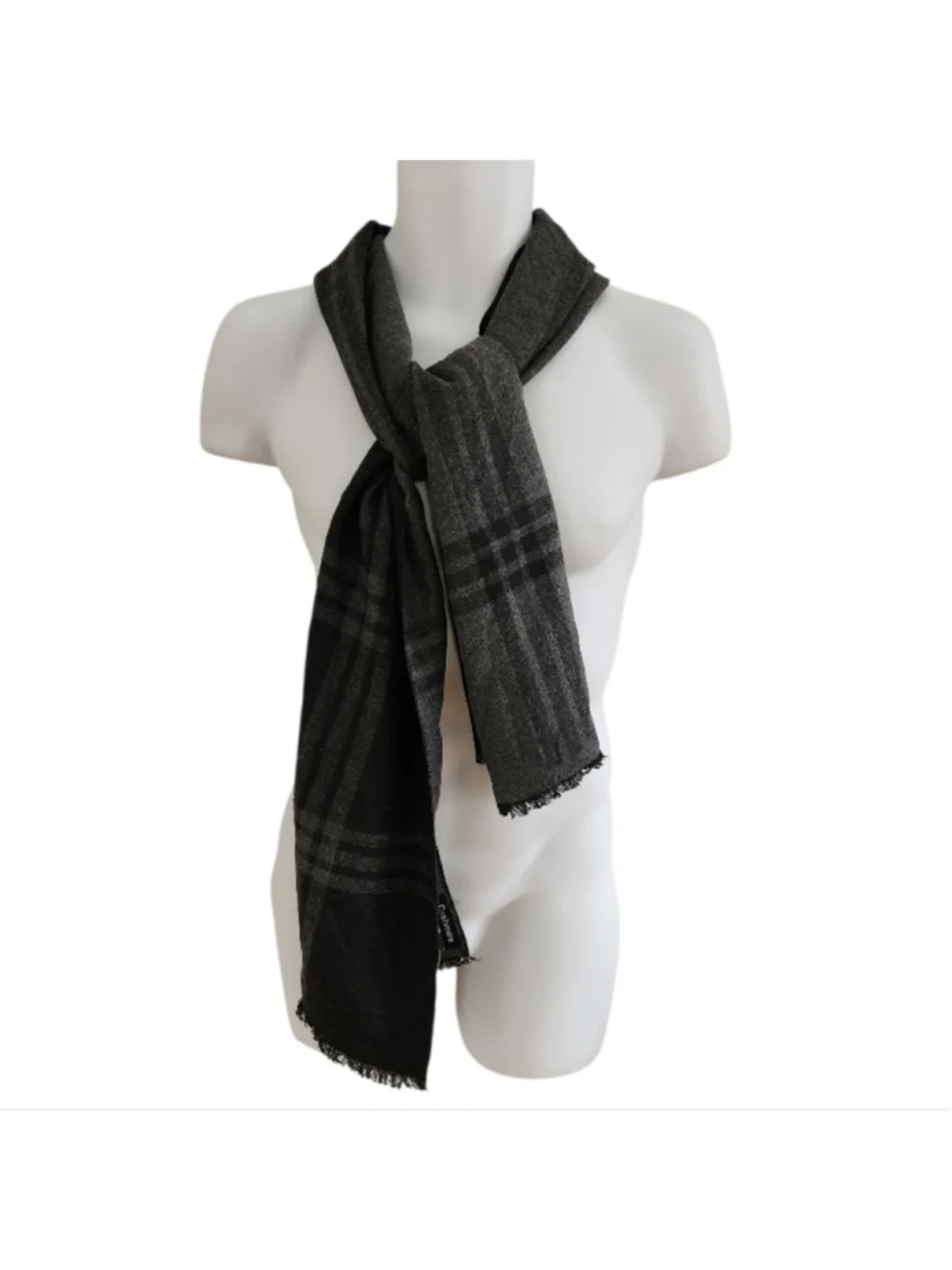 Cashmere Gray & Black Plaid Fringed Scarf Men's